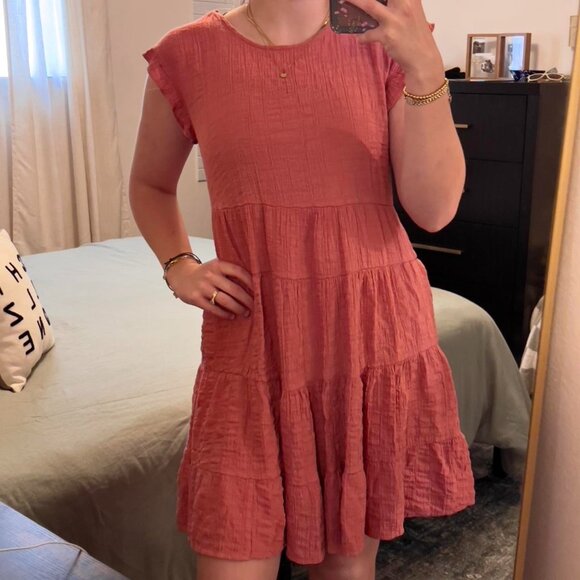 Tiered Mini‎ Dress Textured Modest A-Line Medium Pinkish Red - Picture 1 of 4